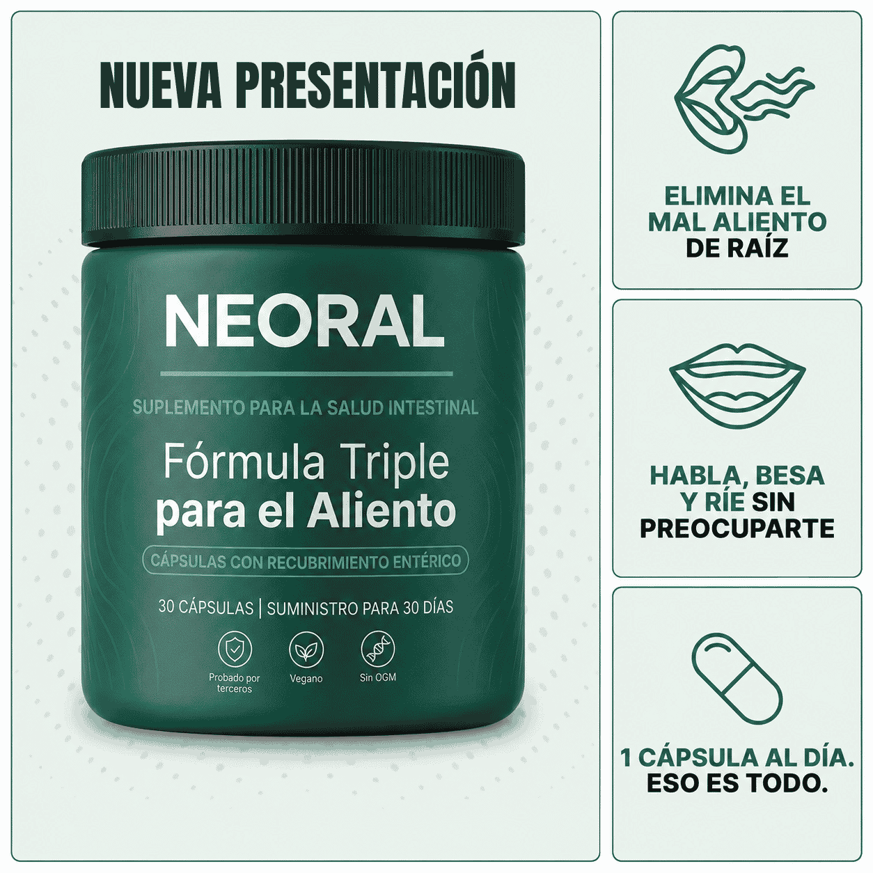 NEORAL – Fórmula para el aliento de tres fuentes (intestino · boca · hígado)